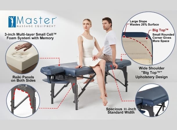 MCR S31"– Montclair Pro 31" Portable Massage Table, 72" Length, 3" Multi-Layer Memory Foam, Royal Blue PU, Adjustable 24–34" Height, Lightweight Wood Frame thumb 3