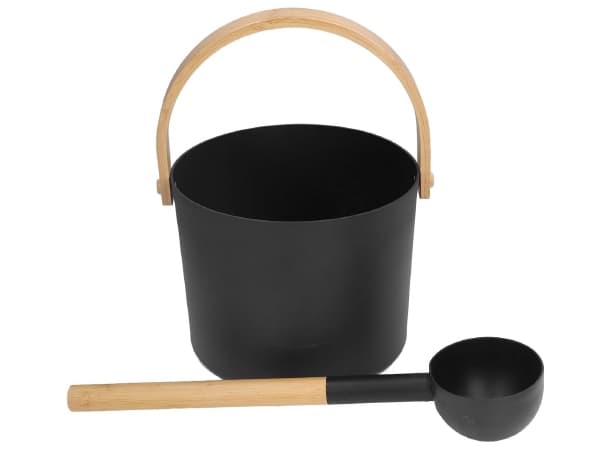 Aluminium Sauna Bucket 7L – Black with Wooden Handle & Ladle