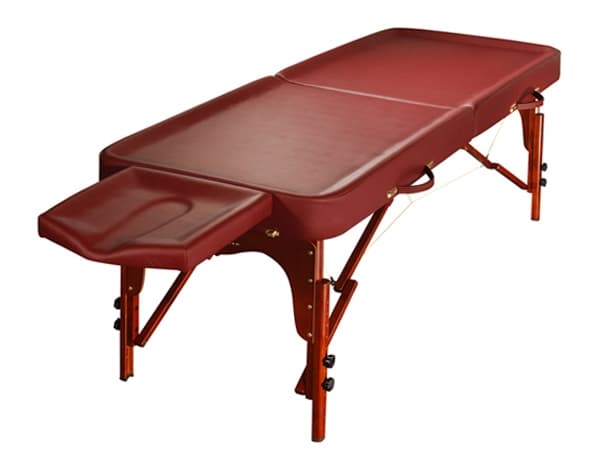Ayurveda Massage Table PLM 32" – Portable, European Beech Wood, Adjustable Height, 4 cm Foam, Burgundy & Black, 450 lbs Capacity, Wheeled Carry Case Included